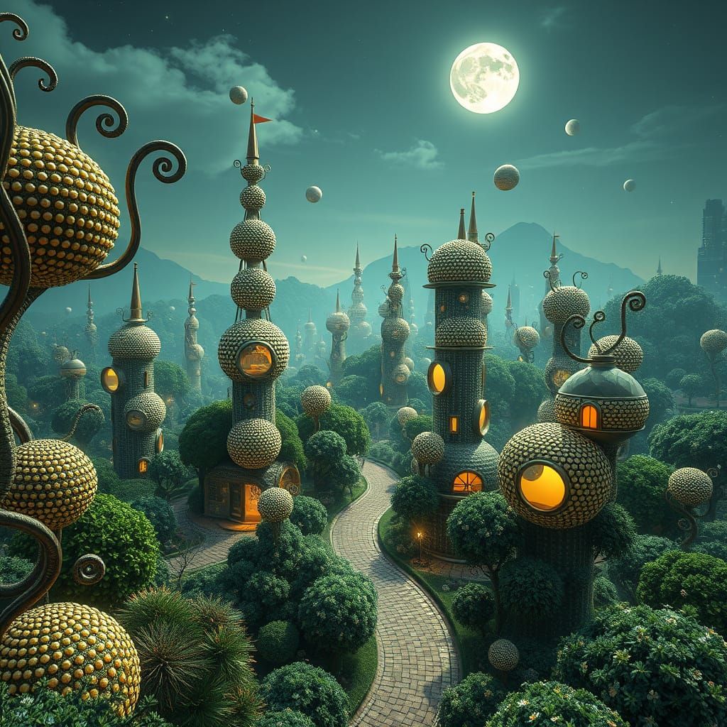 Photorealistic Sphere City Botanical Vista in Moonlight