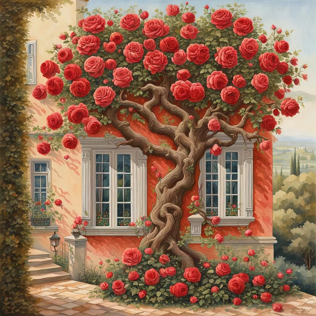 Blooming Rose Tree by Villa Window, 3D Render