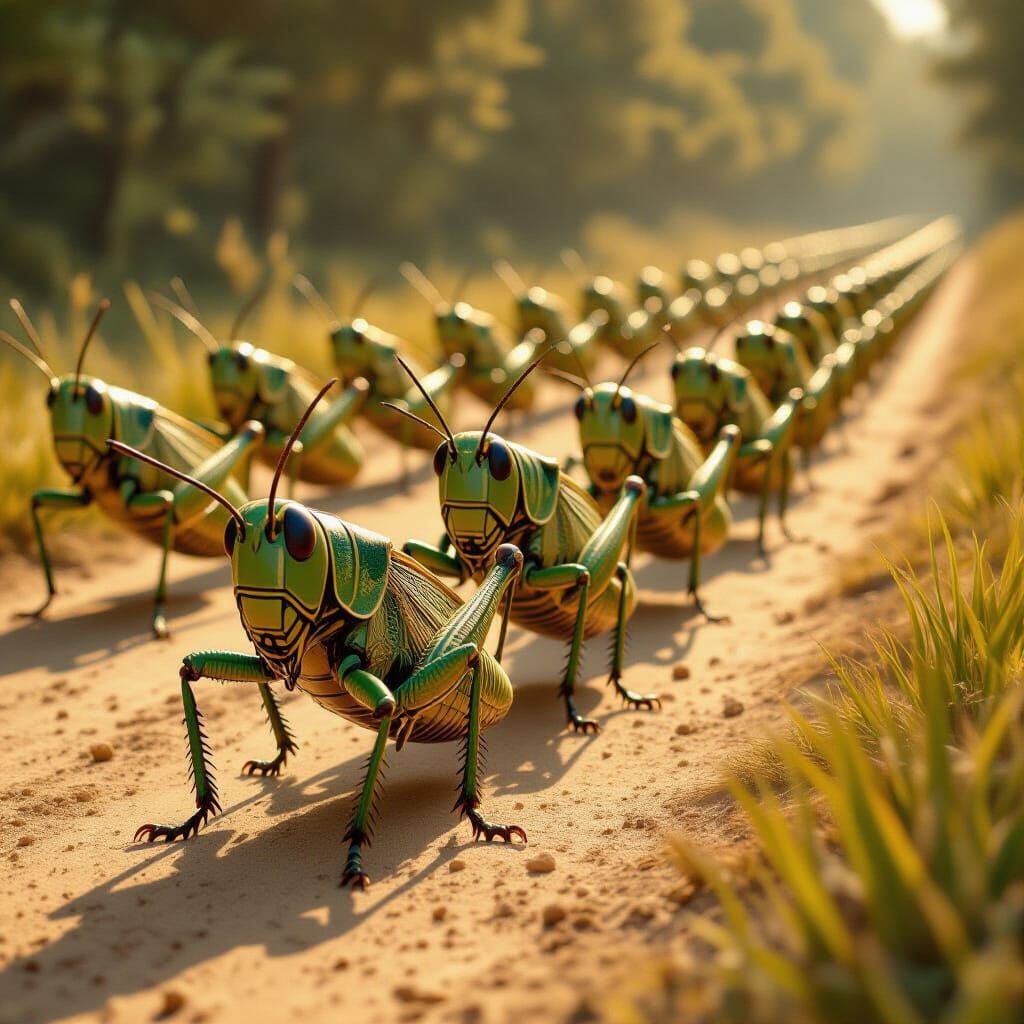 Grasshoppers Marching in Military Formation