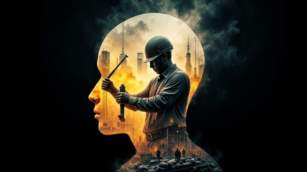 Transparent Man's Head with Construction Scene