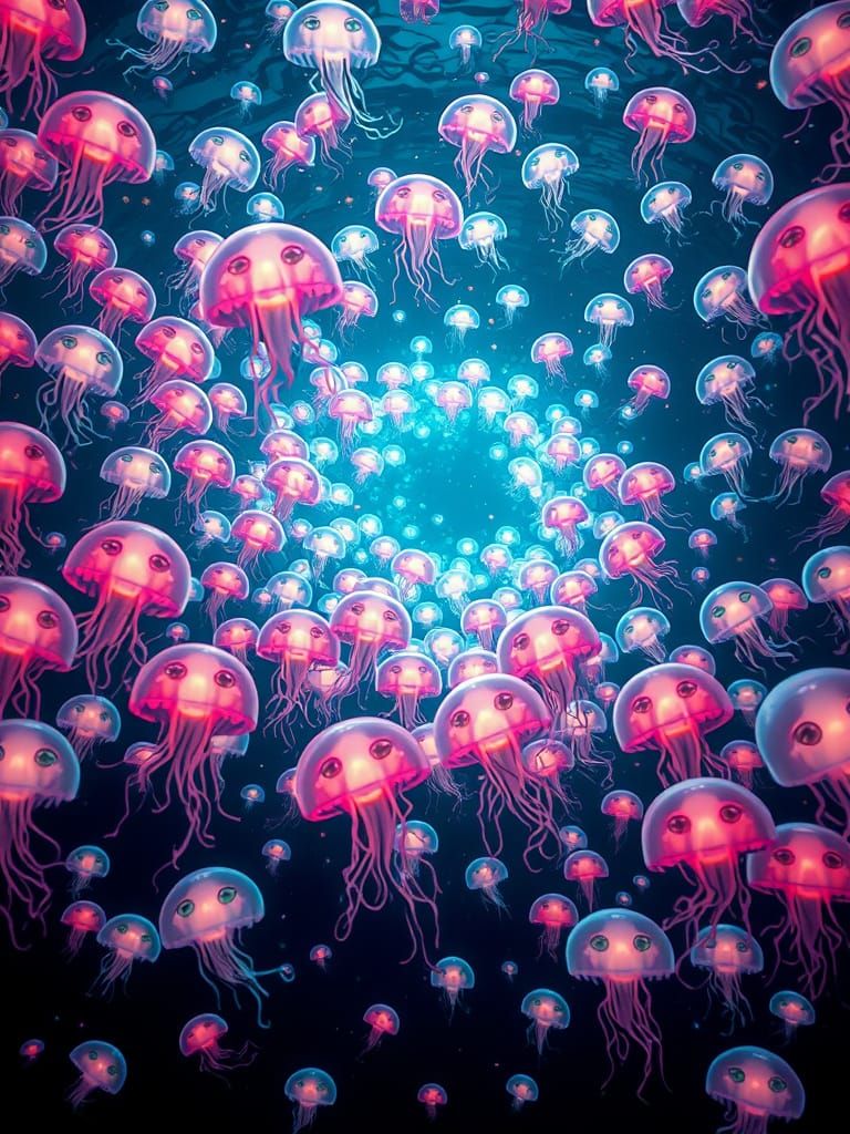 Cute Chibi Jellyfish Swarm in Psychedelic Fruit Tornado