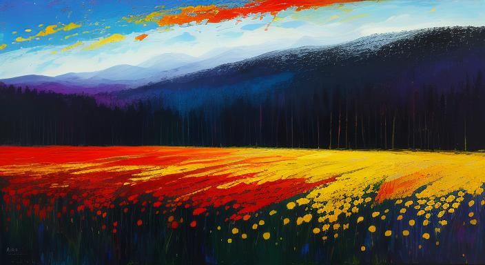 Expressionist Meadow Landscape with Impasto Textures