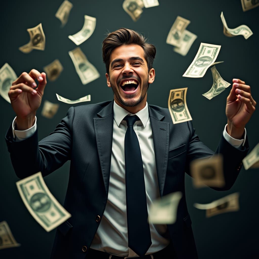 Excited Man Surrounded by Money, Ultra-Realistic Detail