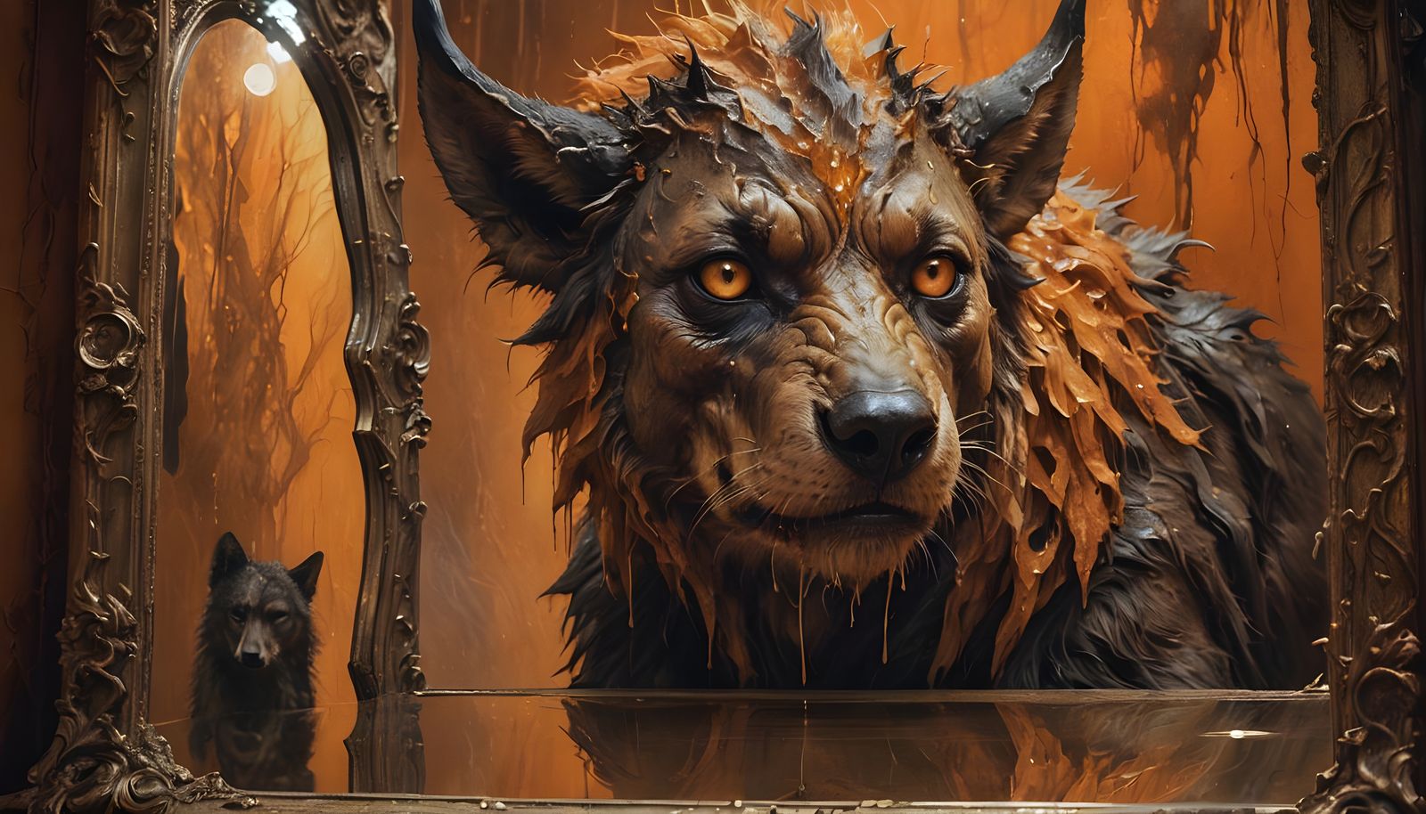 Dog's Reflection: Surreal Art with Orange Hues