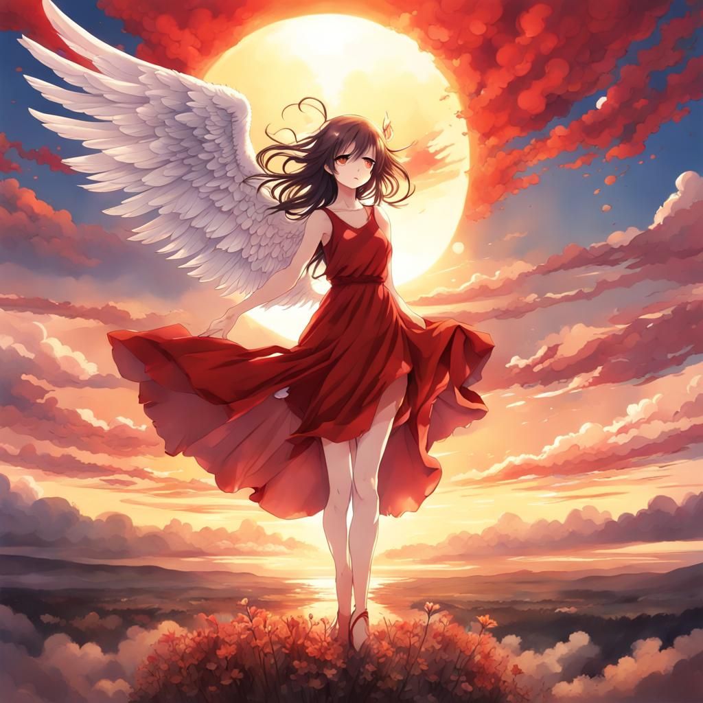 Girl with Angel Wings in Anime Style