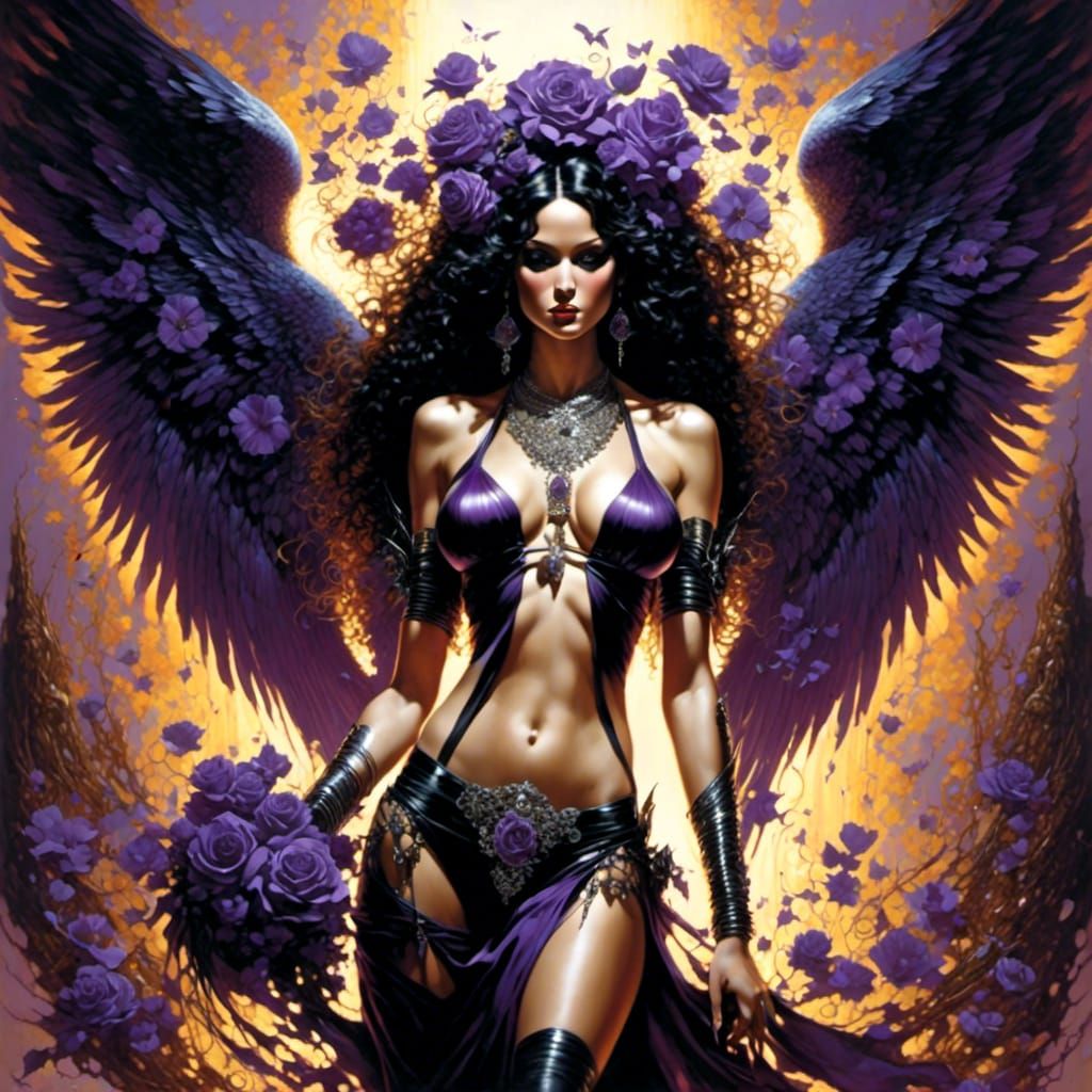 Dark Angel with Violet Wings and Black Bikini