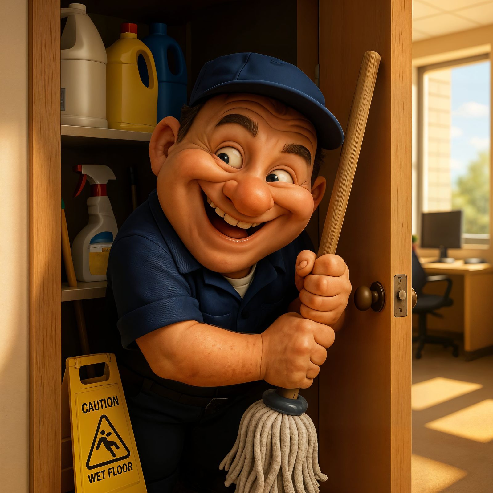 Playful CGI Janitor Peeking From Sunny Office Closet