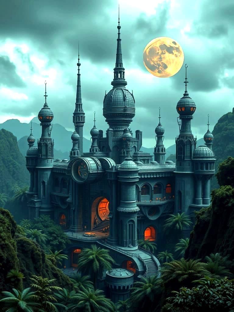 Futuristic Citadel on Alien Planet with Blood Moons