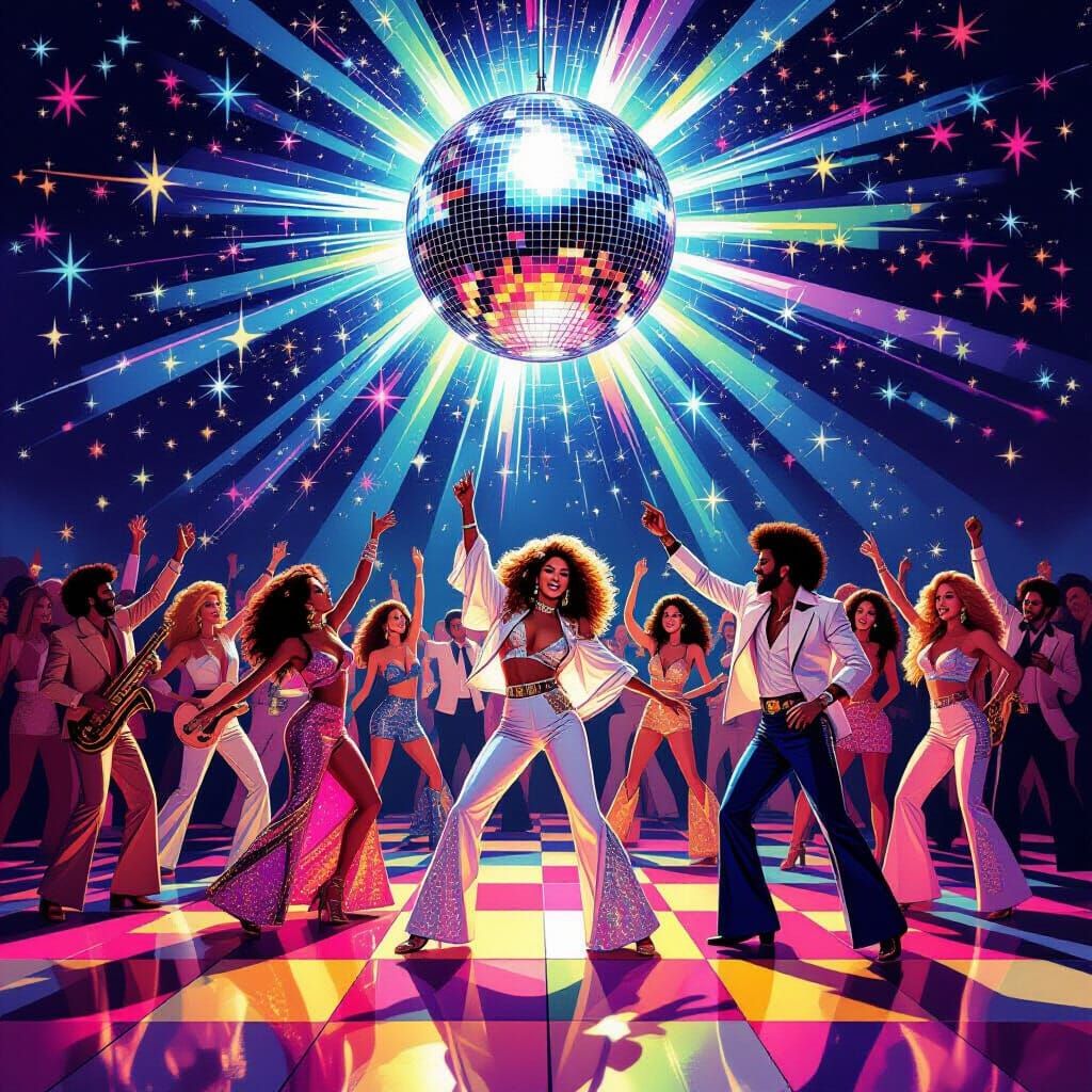 Disco Funk Celebration with Mirrorball and Dancing Crowd