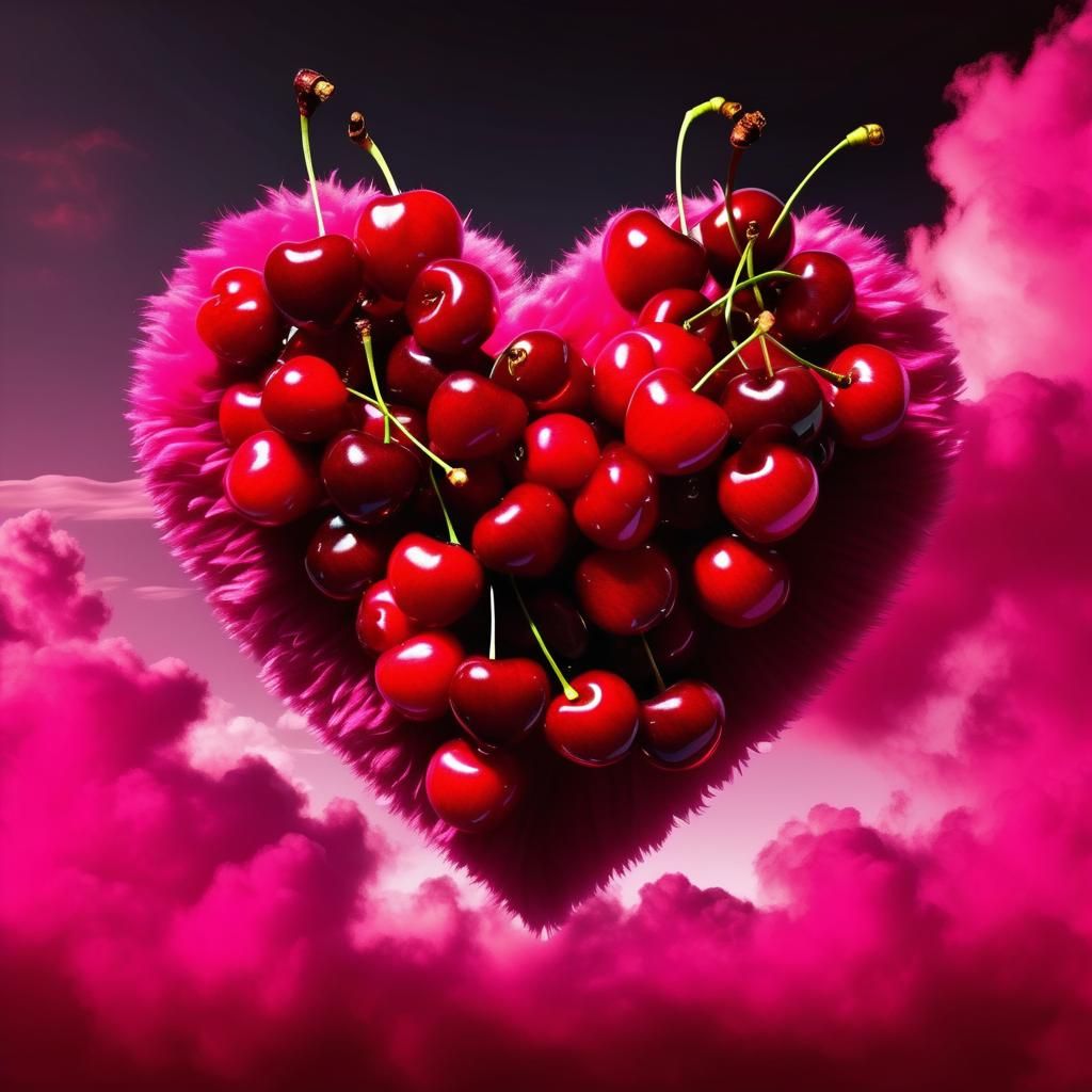 Surreal Digital Art: Cherry Heart on Pink Cloud