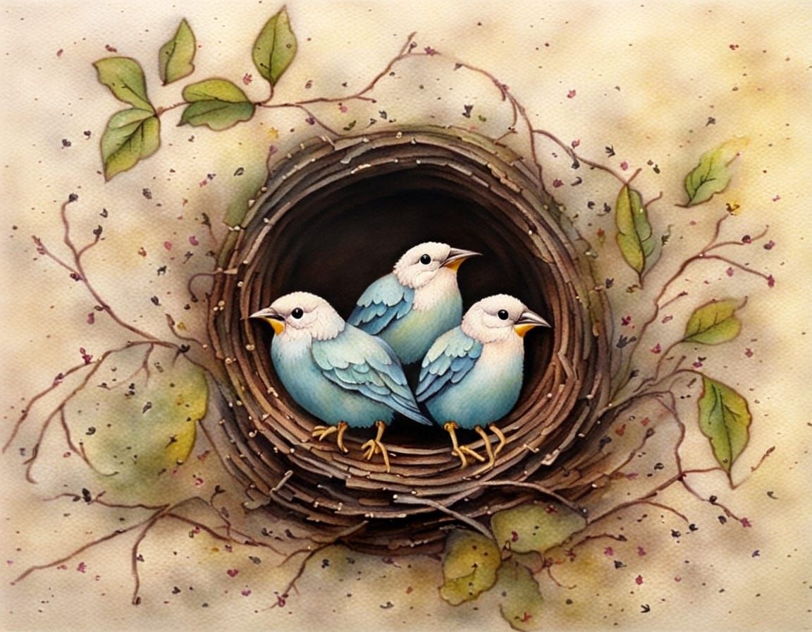 Little Birds in a Cozy Nest Scene