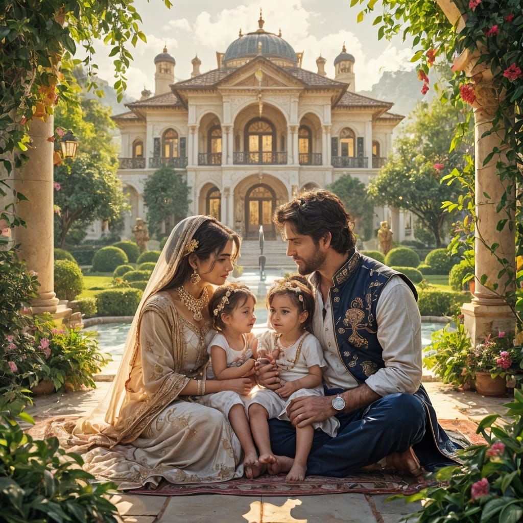 Harmonious Family in Opulent Mansion, Digital Art