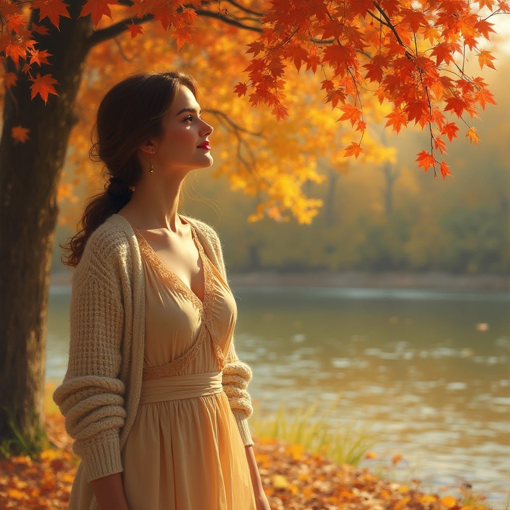Elegant Woman in Autumnal Dress Admiring Fall Foliage