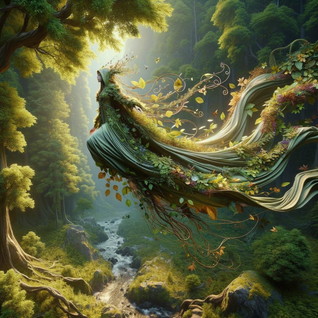Mythical Nature Spirit Soaring Above Whimsical Forest