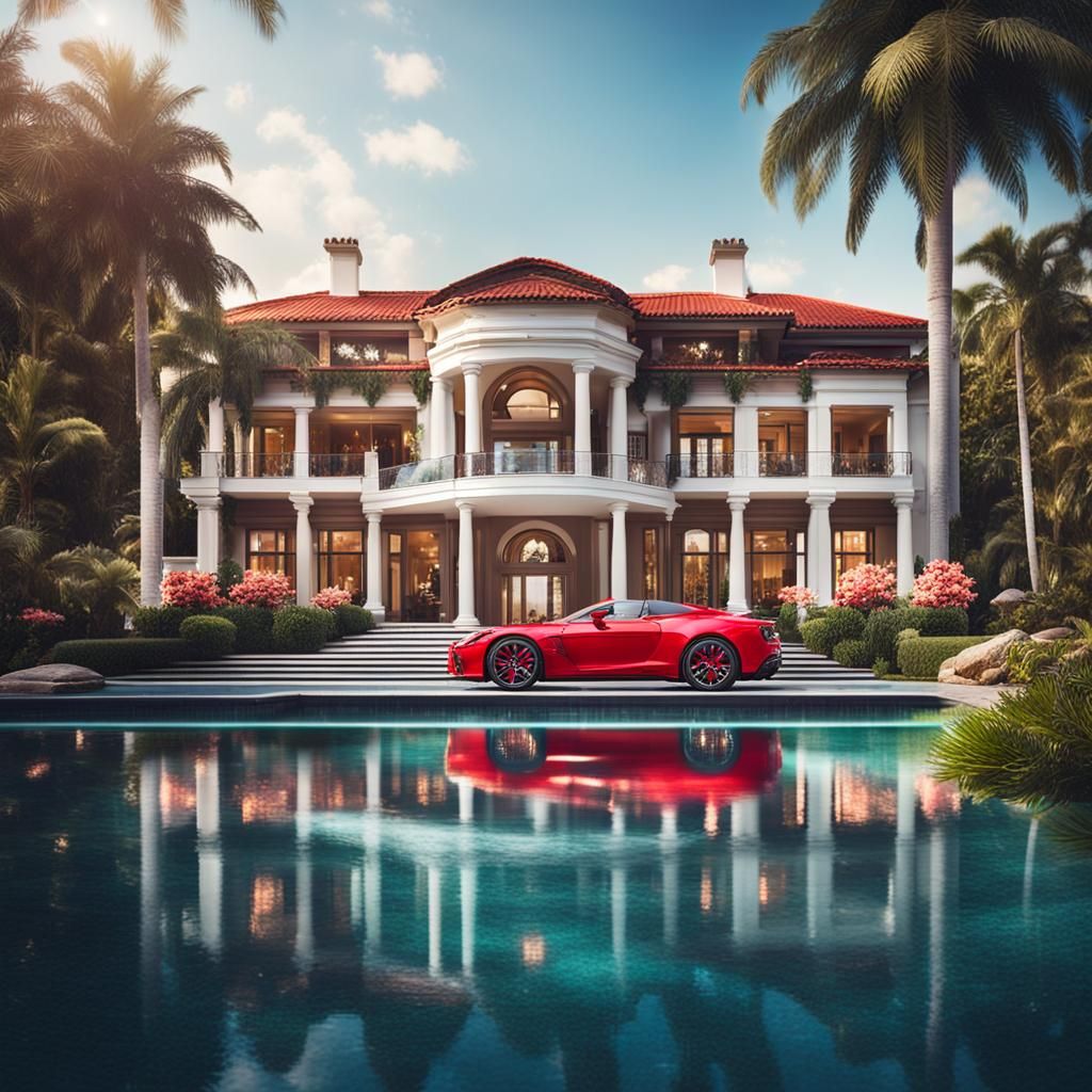 Luxury Mansion with Waterfall, Pool, and Red Car