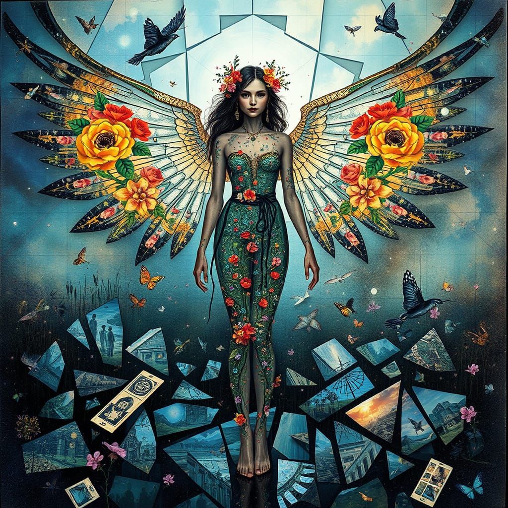 Woman with Wings of Light in Surreal Bio-Art Collage