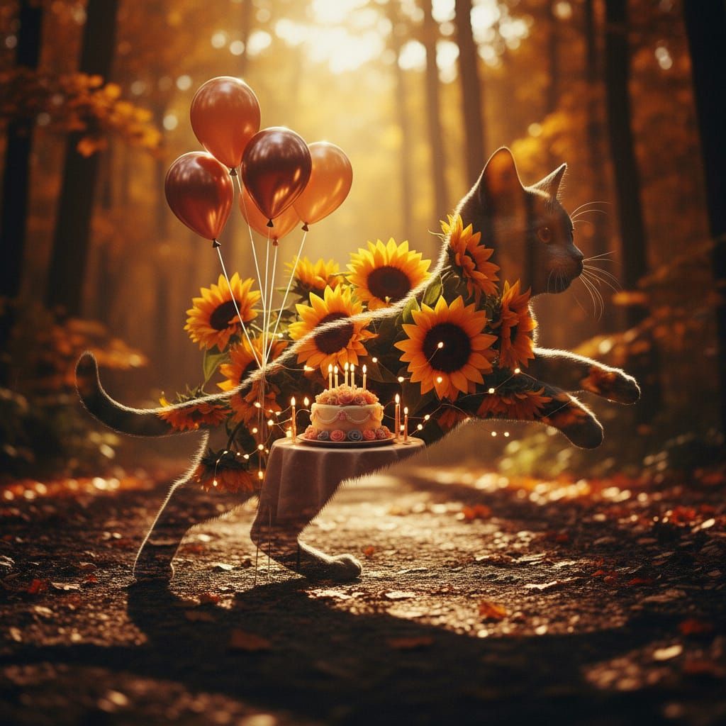 Kitten Silhouette Over Birthday Party In Golden Hour Light