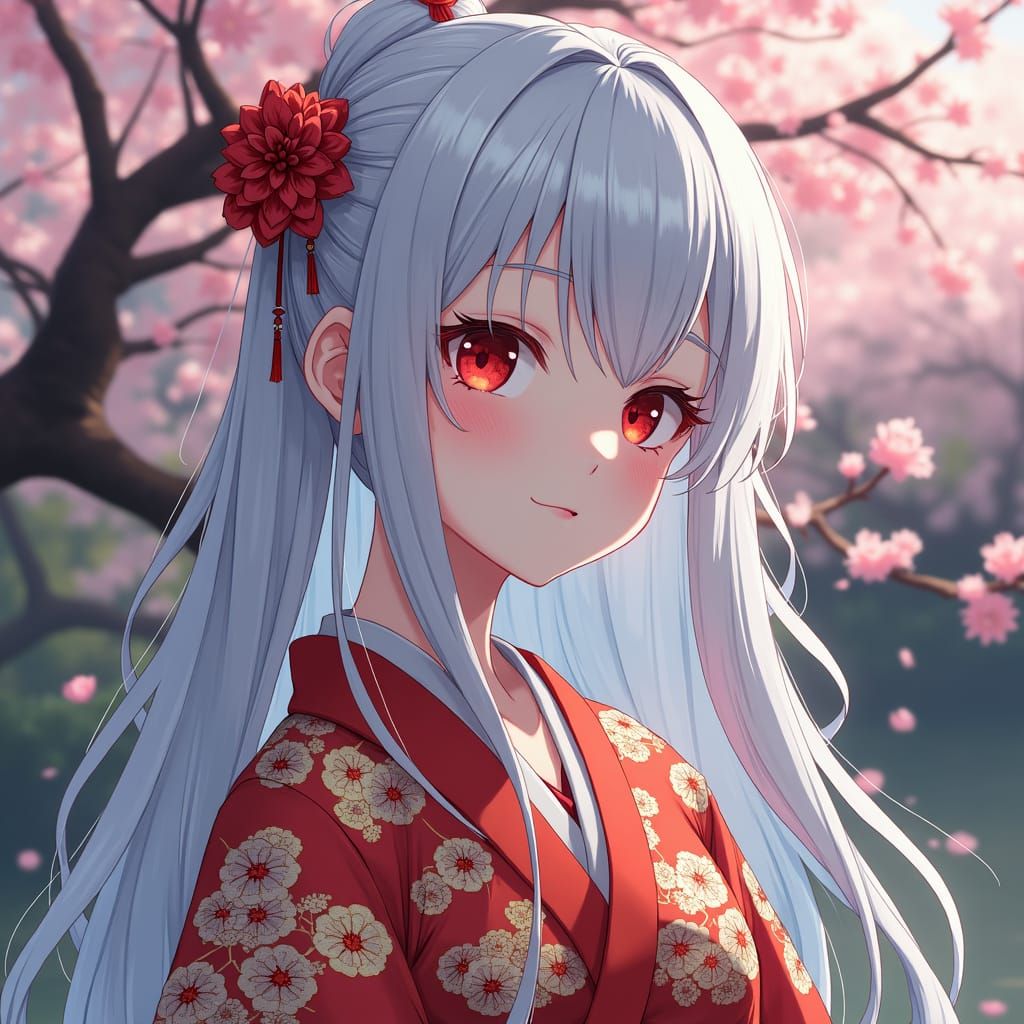 Japanese Girl with White-Blue Hair in Anime Style