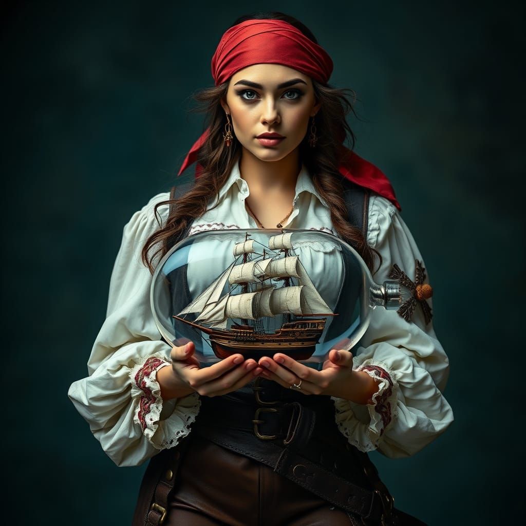 Pirate Woman Holding Ship in Bottle