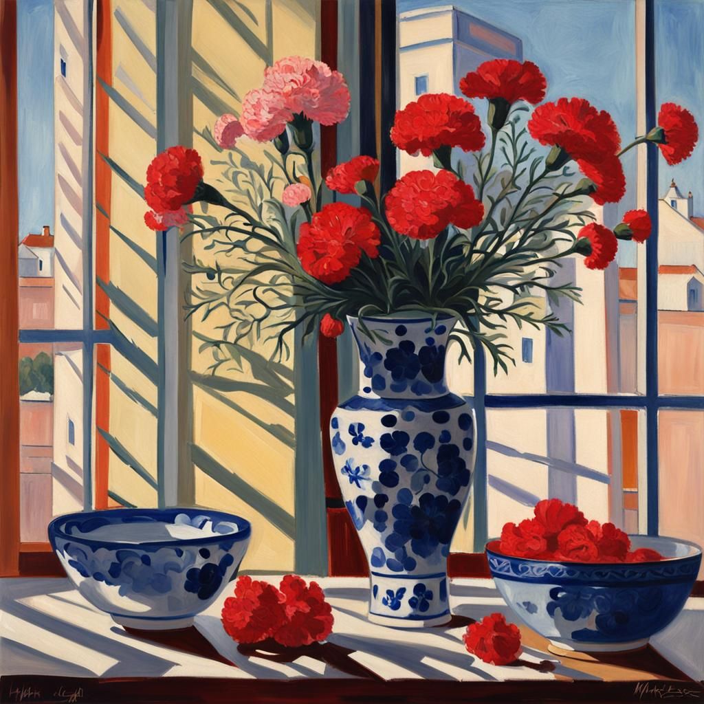 Matisse-Inspired Still Life with Carnations and Bowls