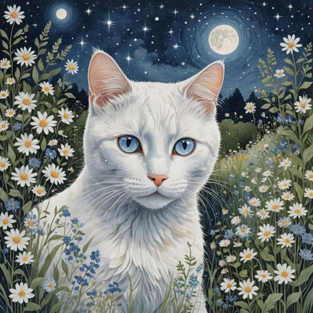 Sparkling Blue-Eyed Cat in Night Garden