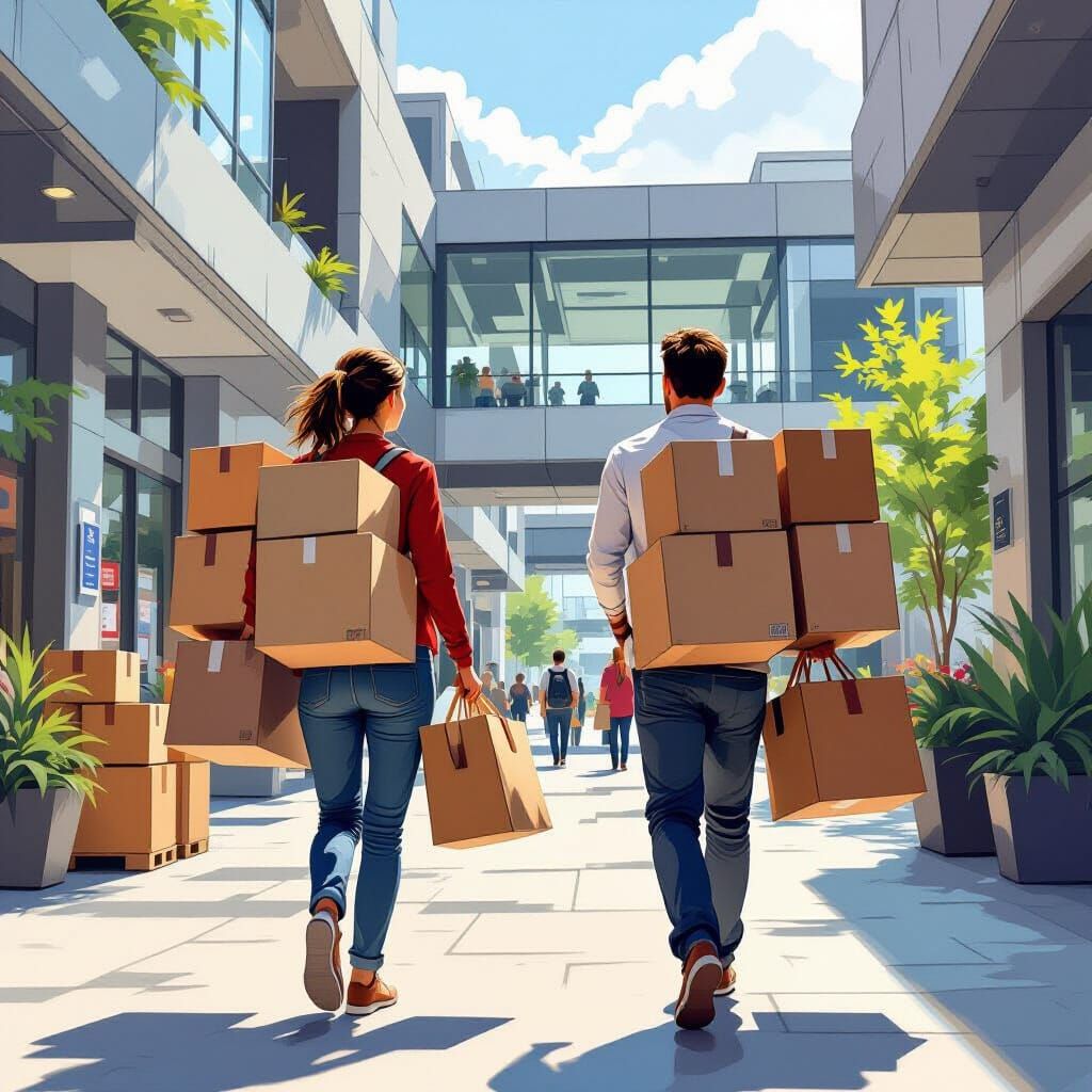 Determined Wife's Errand in Futuristic Cityscape