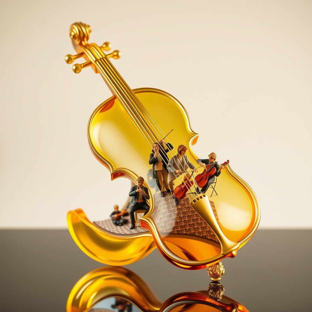 Gold Glass Violin with Miniature Orchestra
