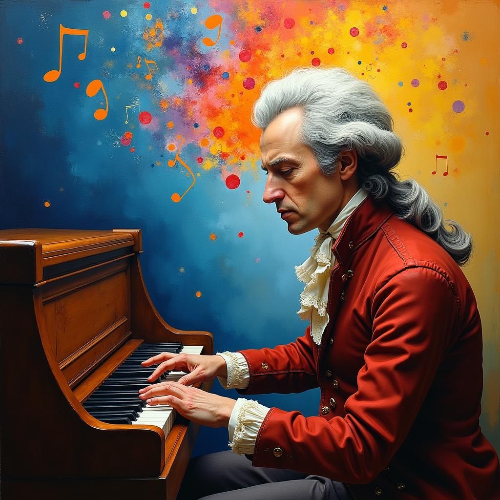 Mozart Composing with Swirling Music Notes