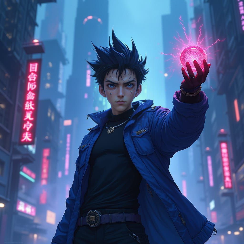 Anime Boy in Futuristic Matrix Scene