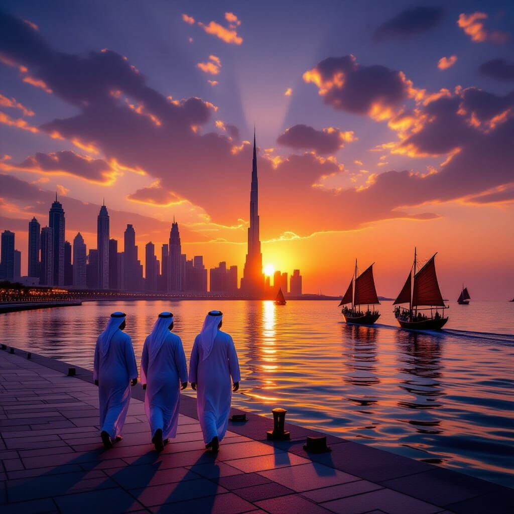 Dubai Skyline at Sunset with Traditional Emirati Men