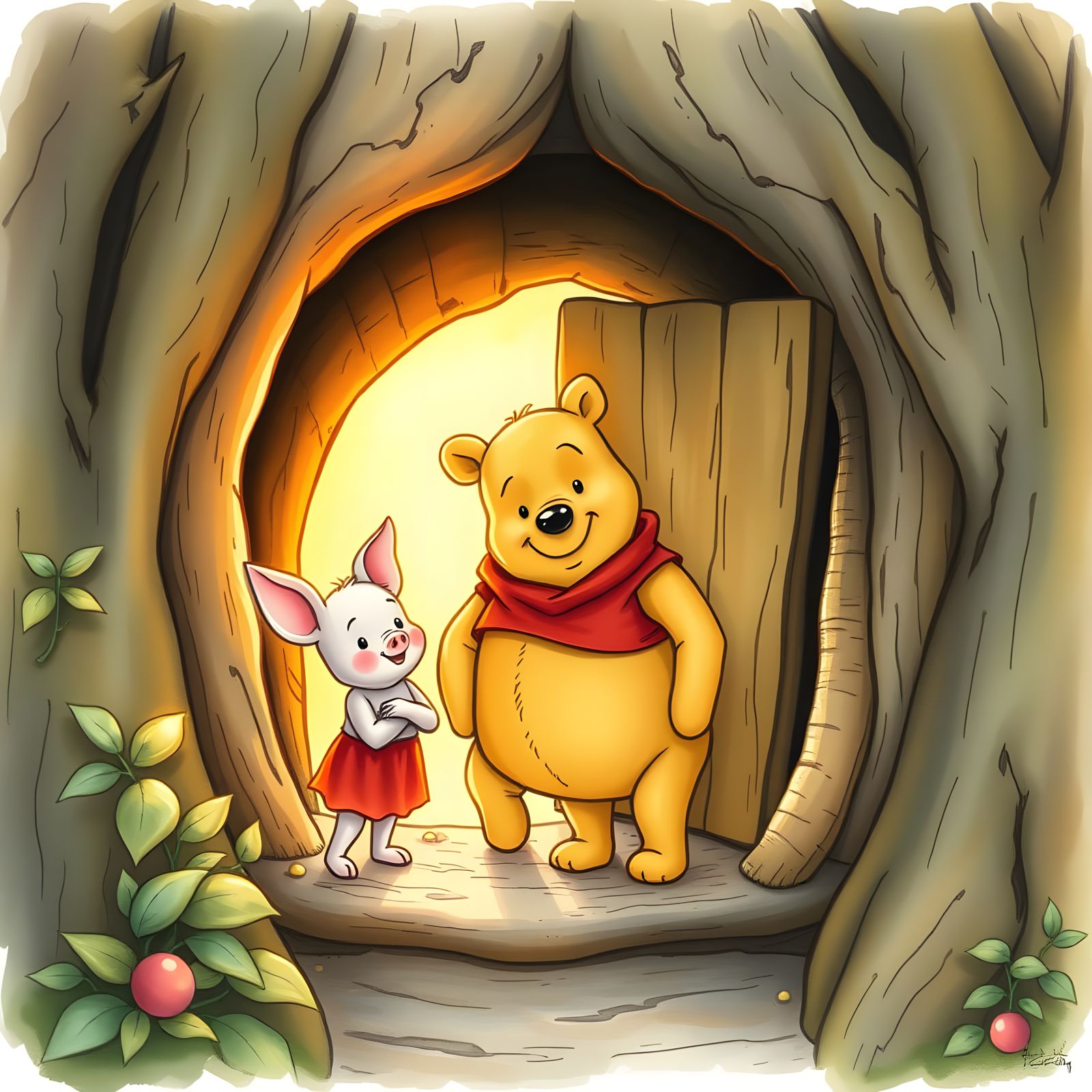 Whimsical Winnie the Poo and Piglet in a Treehouse