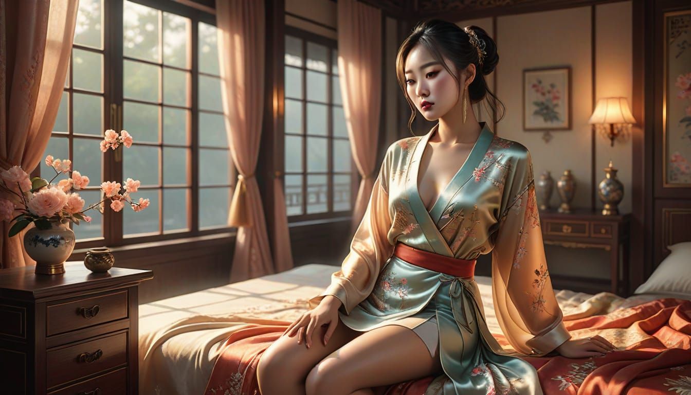 Sensual Chinese Woman in Dreamy Quarto de Dormir