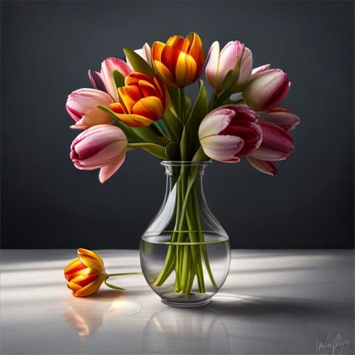 Tulip Bouquet Still Life: Hyperrealistic Digital Illustratio...