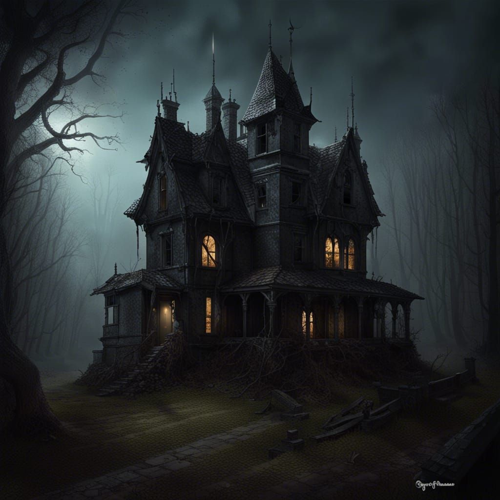 Dilapidated Gothic Manor House in Dark Forest