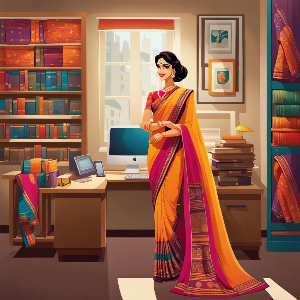 Woman in Saree: Pixar-Style Office Scene