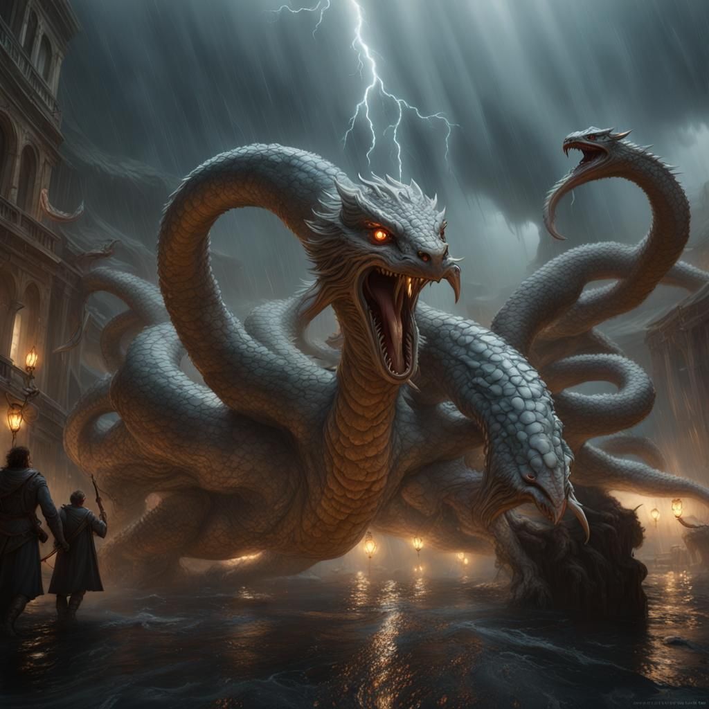 Thunder Hydra with Feathers in Dark Fantasy Style