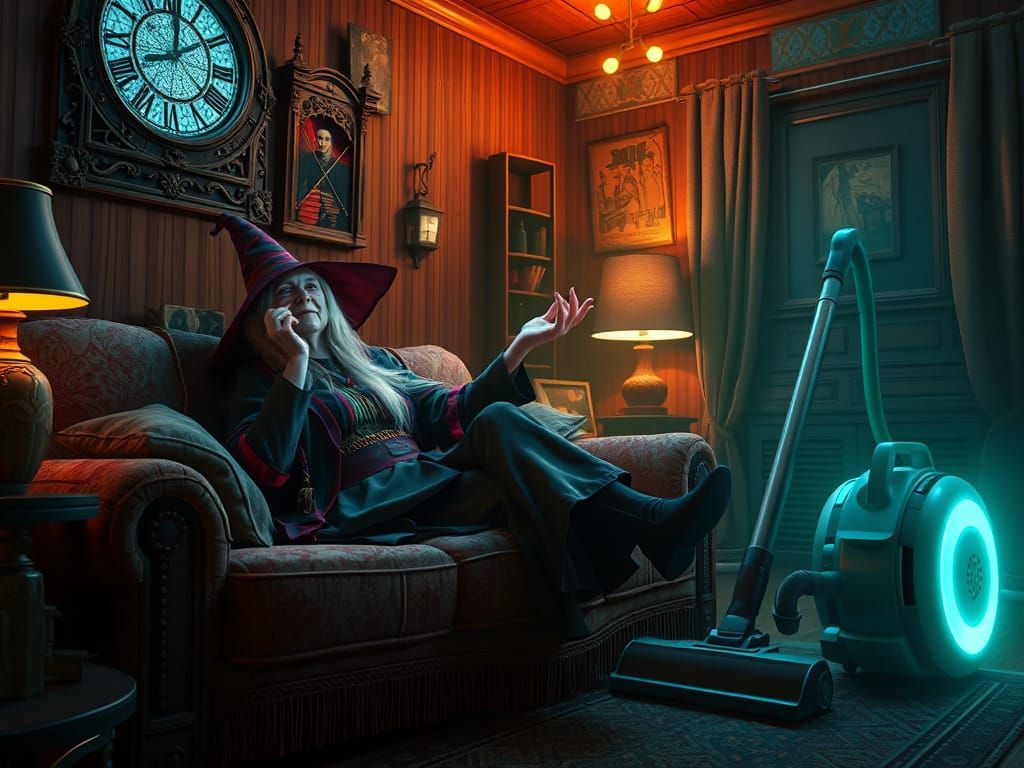 Witch Relaxing While Magic Vacuum Cleans