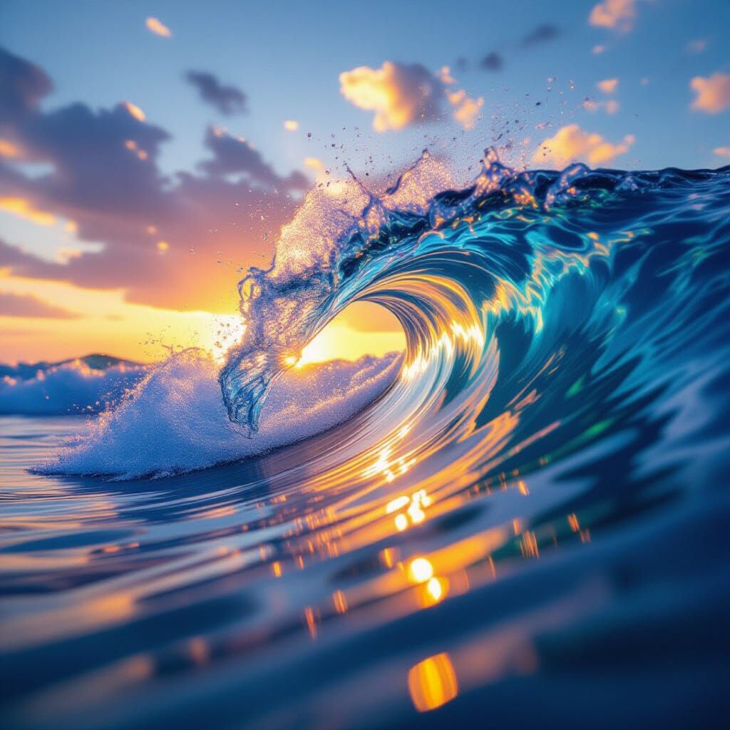 Ocean Wave Curl with Rainbow Colors at Sunset