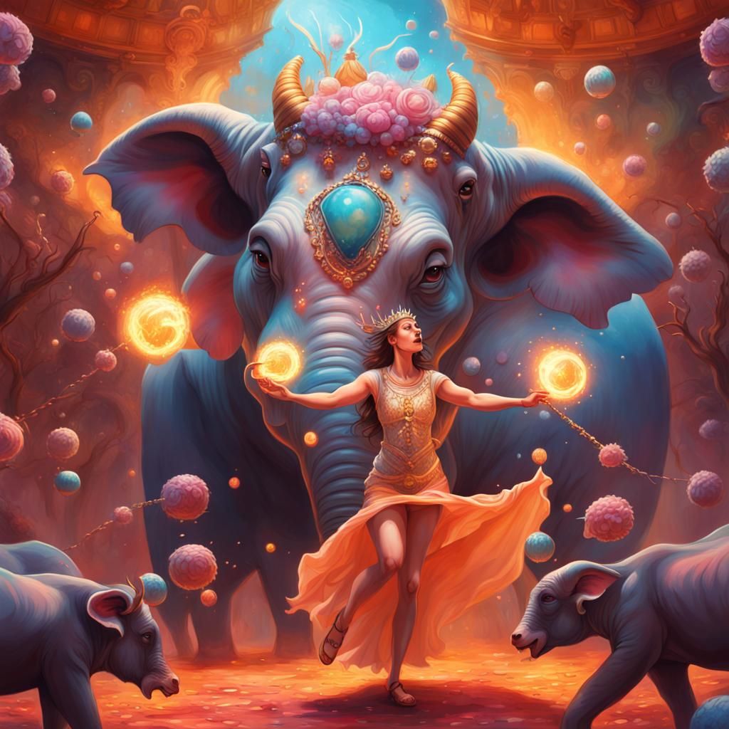 Cow Princess Battles Imaginary Elephants: Hyperrealistic Art