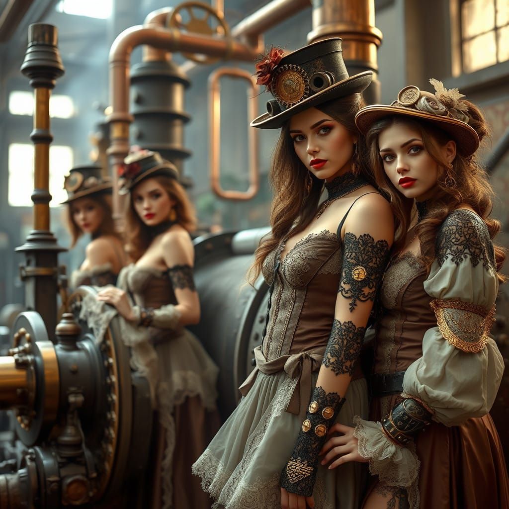 Victorian Steampunk Models Pose with Majestic Steam Engine