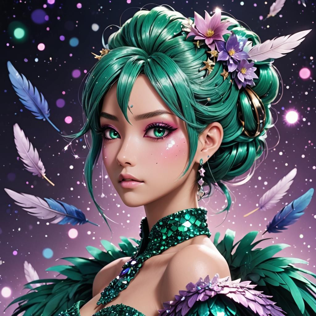 Anime Character in Emerald Gown with Bird Feathers
