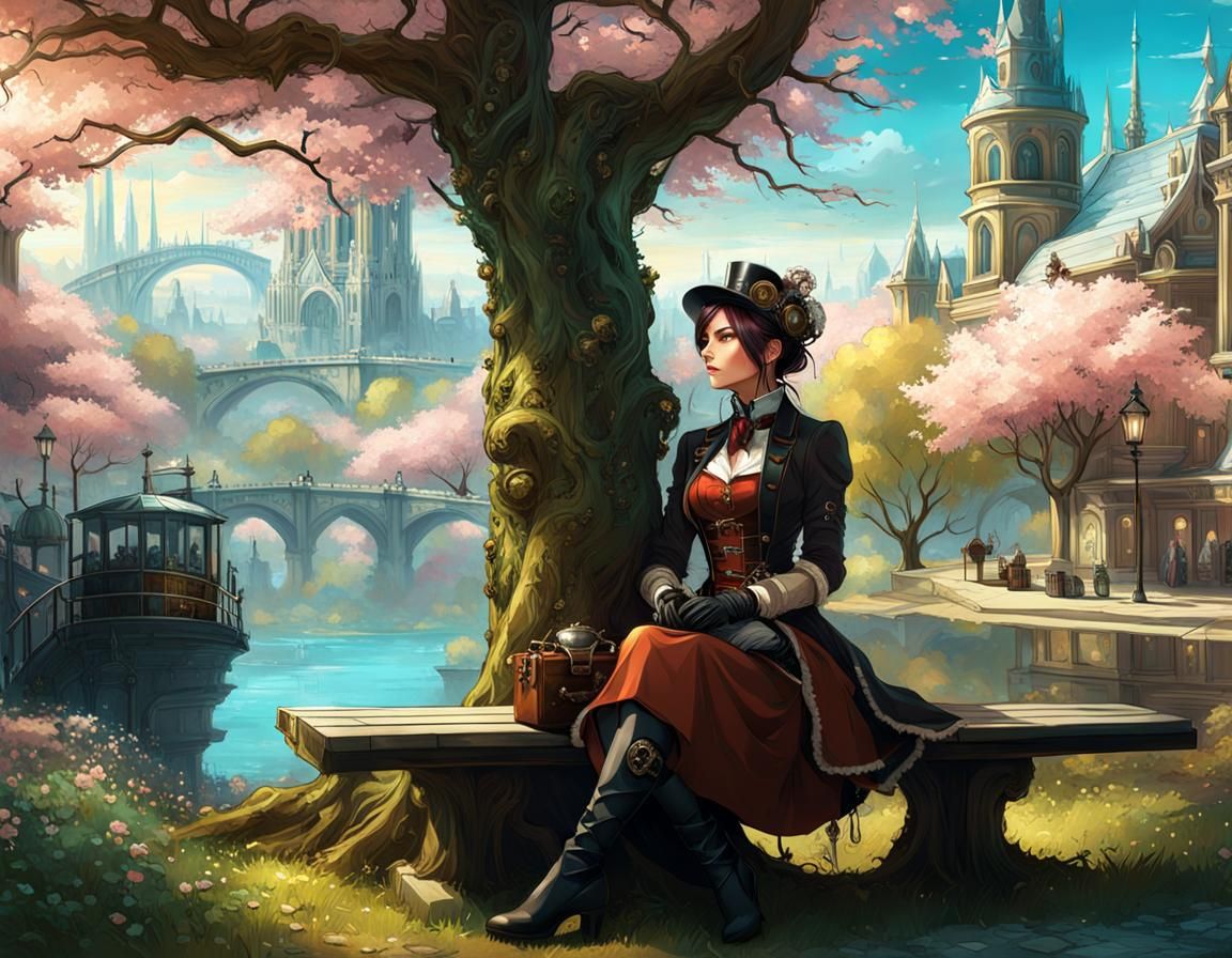 Steampunk Girl in Spring Wonderland
