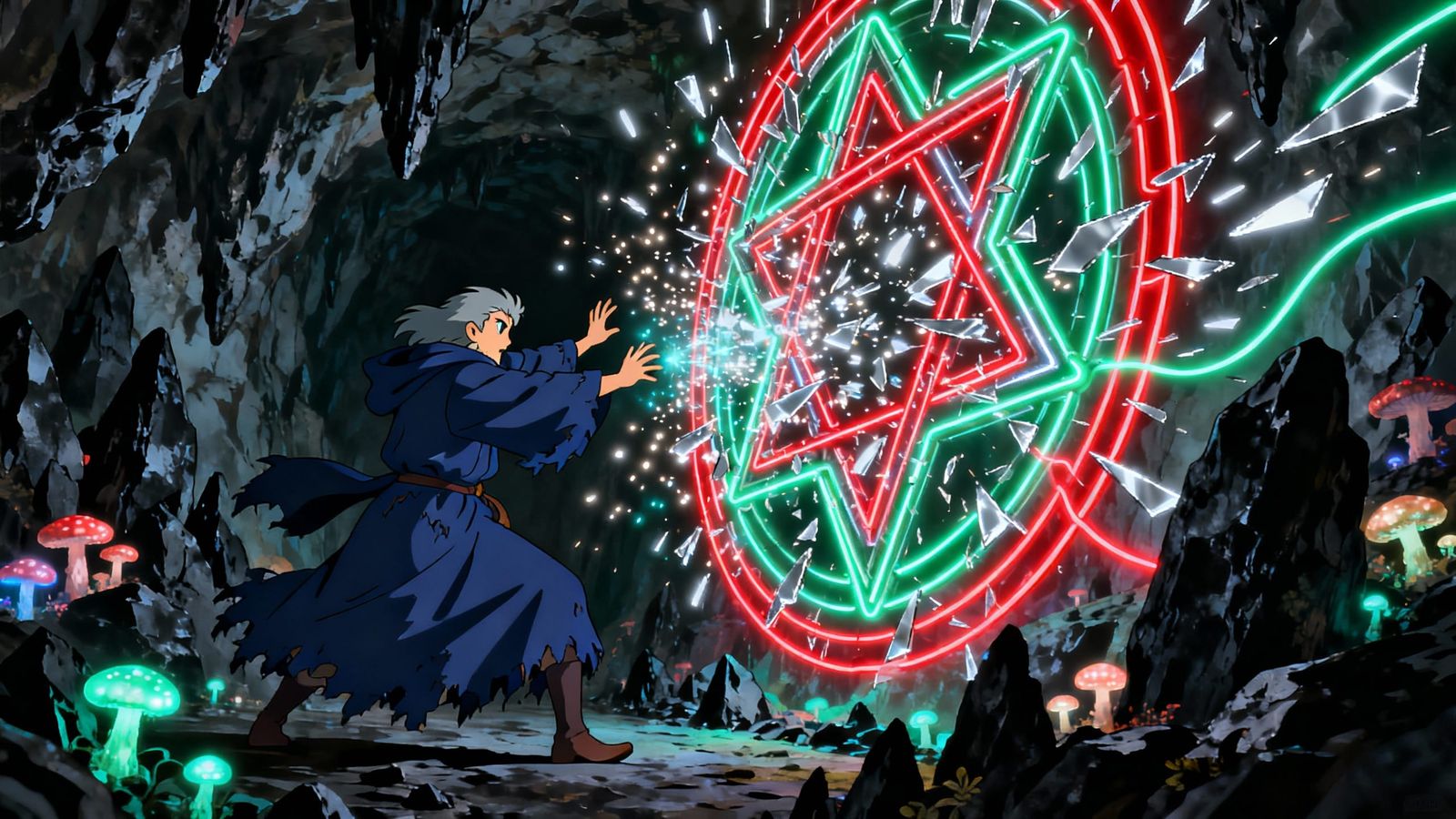 Anime Sorcerer Conjuring Magic in Glowing Fungal Dungeon