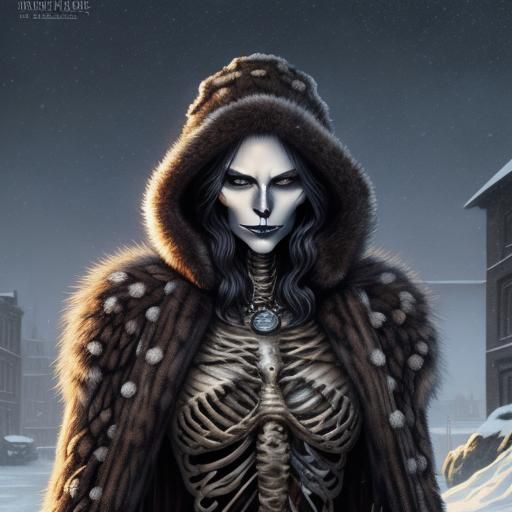 Skeleton Girl in Fur Coat: Comic Book Art