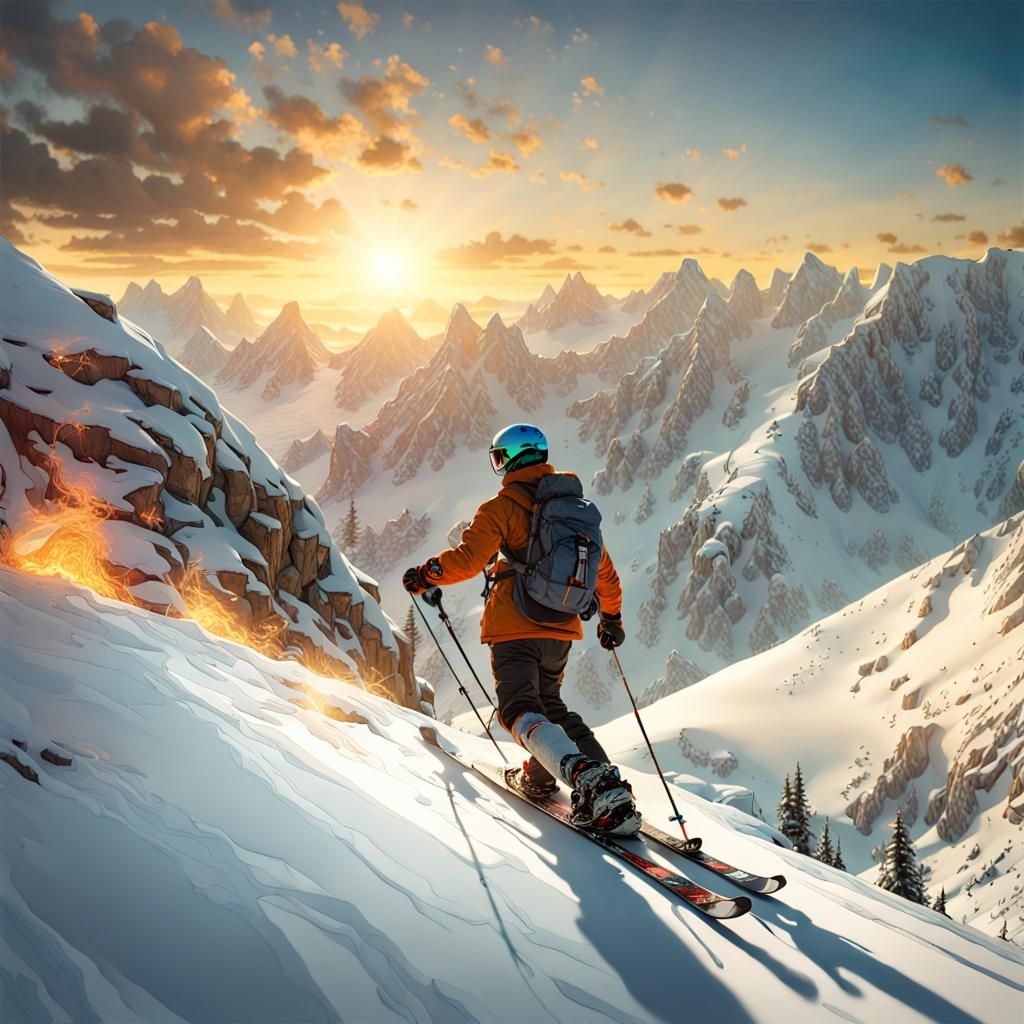 Adventure Skier on Black Diamond Run at Sunset