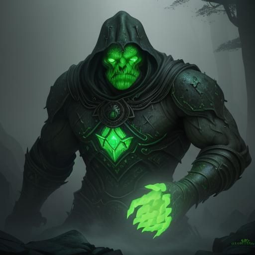 Stone Golem Emitting Green Light in Dark Fantasy Art