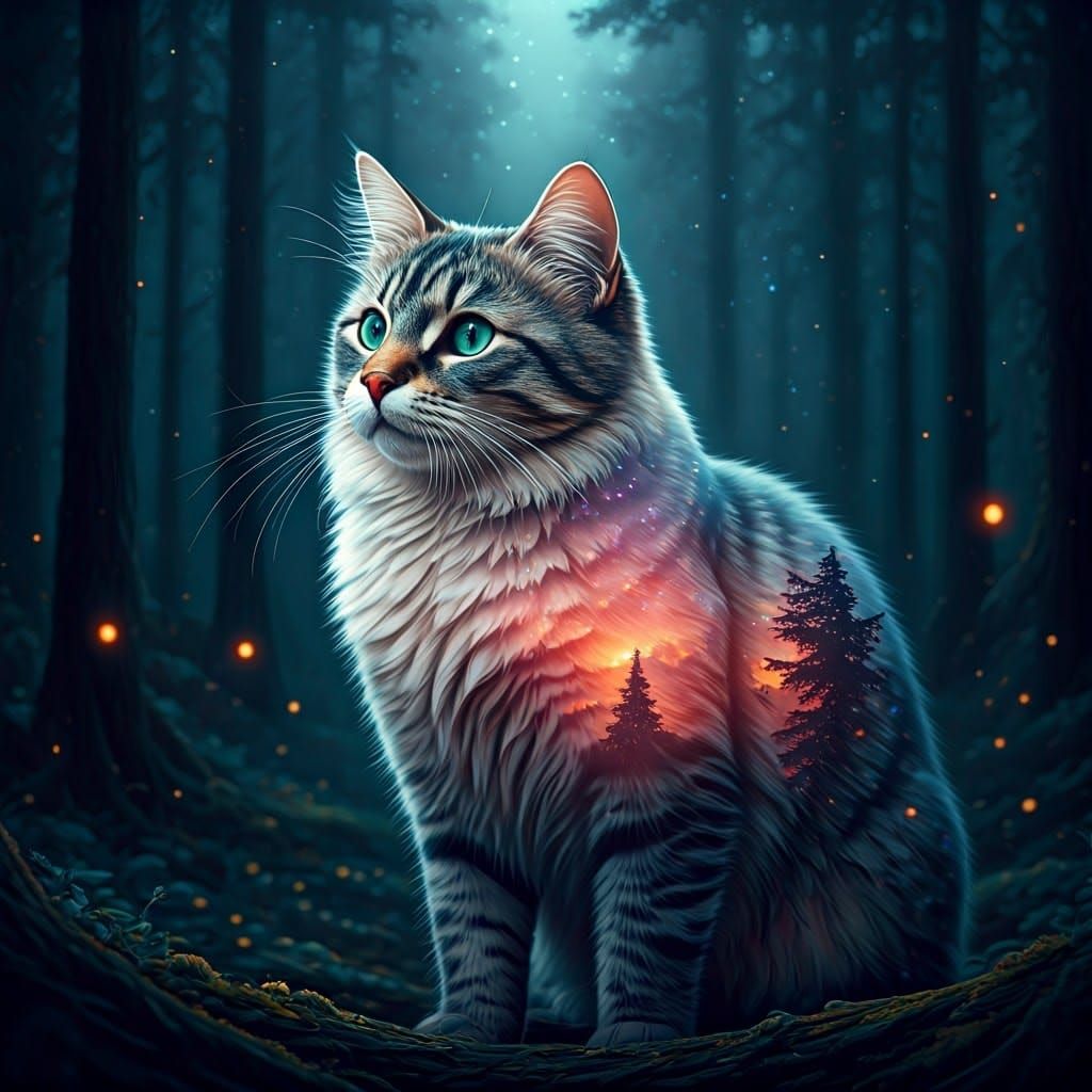 Mystical Feline in Double Exposure Forest Landscape