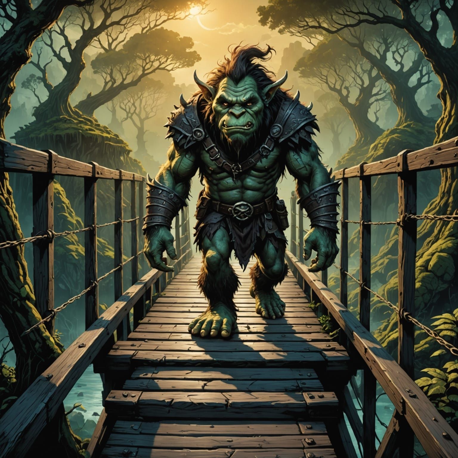 Troll Guarding Foot Bridge: Epic Cinematic Digital Art