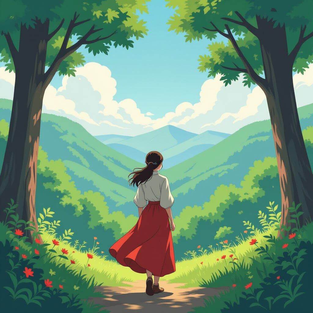 Hiker in Anime Style Nature Reserve Vista