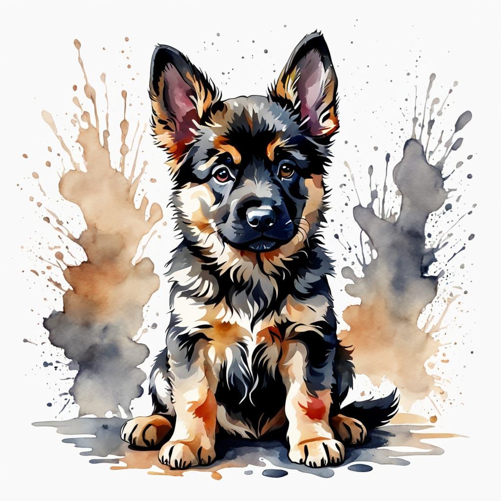 Chibi German Shepherd Puppy in Whimsical Watercolor